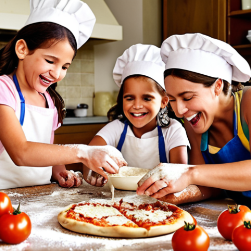 Home 4 **
A vibrant and joyful family cooking class scene. Children with flour-dusted hands laugh as they create personalized pizzas. Focus on fresh, colorful ingredients like tomatoes, mozzarella, and herbs. The setting should be a bright, welcoming French kitchen with a rustic table set for tasting.
**