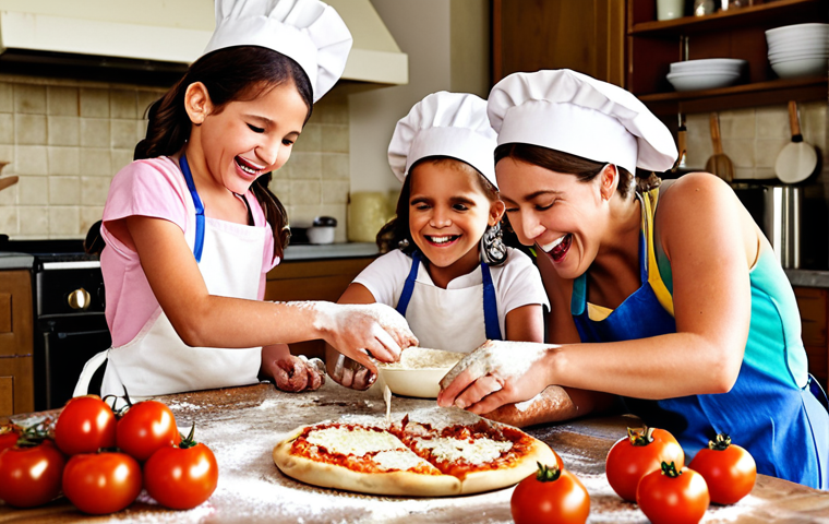 **
A vibrant and joyful family cooking class scene. Children with flour-dusted hands laugh as they create personalized pizzas. Focus on fresh, colorful ingredients like tomatoes, mozzarella, and herbs. The setting should be a bright, welcoming French kitchen with a rustic table set for tasting.
**