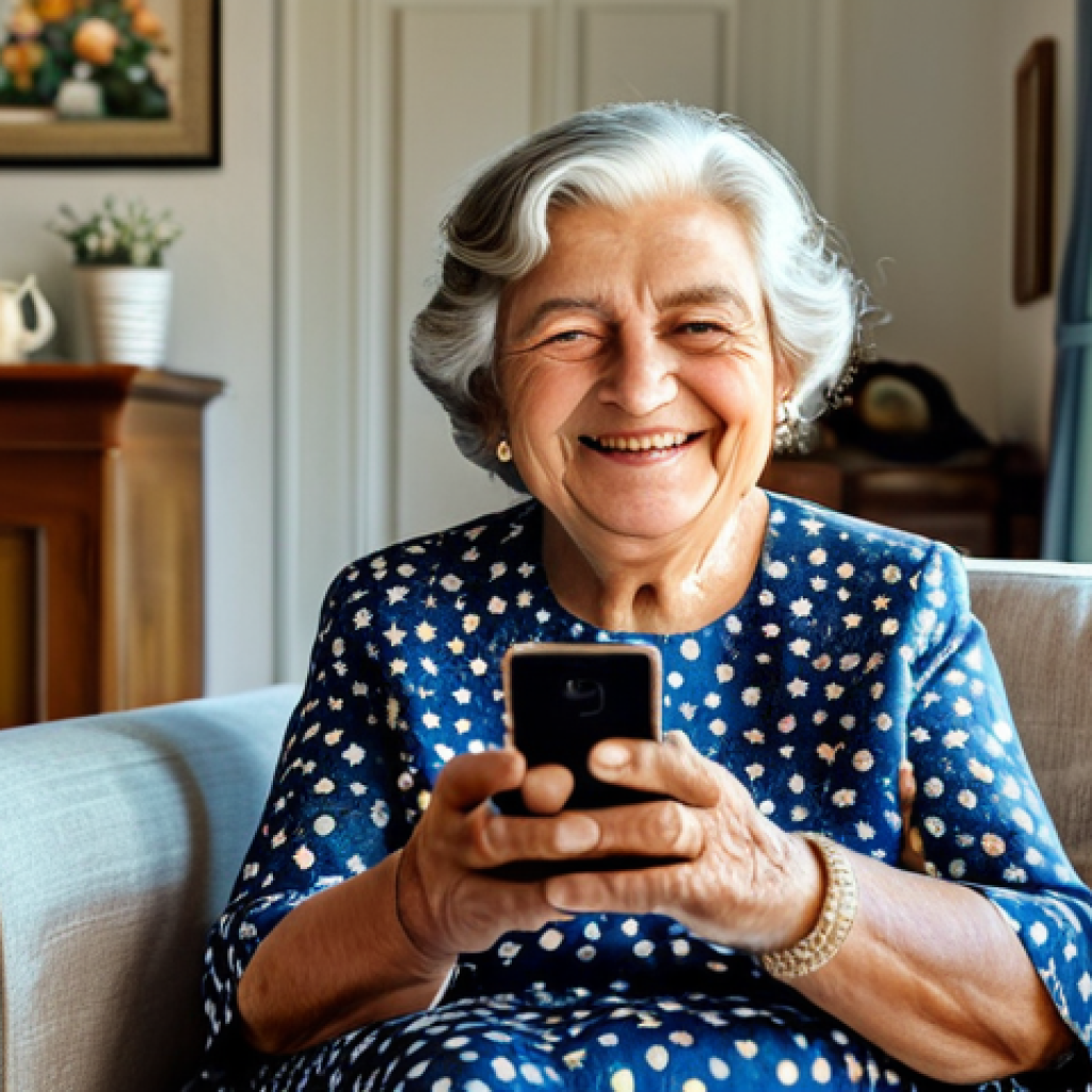 **

A senior woman is smiling, fully clothed in a modest floral dress, using WhatsApp on her smartphone to video call her grandchildren. She's sitting comfortably in her sunlit living room, surrounded by family photos. Safe for work, appropriate content, perfect anatomy, natural proportions, high-resolution photography, professional lighting, family-friendly.

**