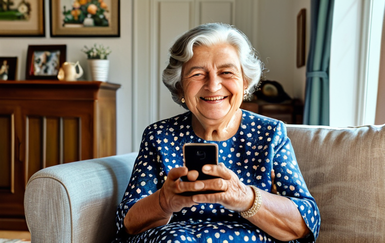 **

A senior woman is smiling, fully clothed in a modest floral dress, using WhatsApp on her smartphone to video call her grandchildren. She's sitting comfortably in her sunlit living room, surrounded by family photos. Safe for work, appropriate content, perfect anatomy, natural proportions, high-resolution photography, professional lighting, family-friendly.

**