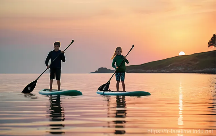가족과 즐기는 바다 액티비티 - Prompt 1: Family Stand-Up Paddle at Sunrise**