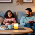 Home 11 가족이 함께 볼 만한 감동 영화 - **A Heartwarming Family Movie Night:** A cozy, multi-generational family is gathered on a large, plu...