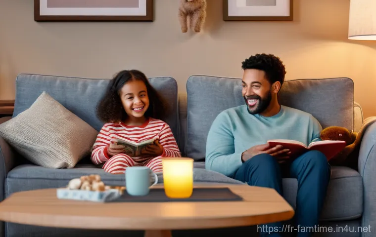 가족이 함께 볼 만한 감동 영화 - **A Heartwarming Family Movie Night:** A cozy, multi-generational family is gathered on a large, plu...