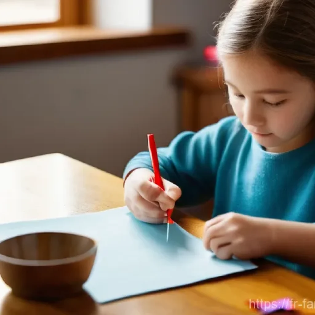 아이와 함께하는 페이퍼 크래프트 - **Prompt:** A young girl, about 7 years old, with bright, curious eyes, is meticulously folding a pi...