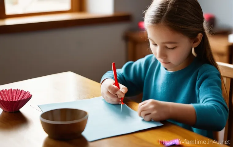 아이와 함께하는 페이퍼 크래프트 - **Prompt:** A young girl, about 7 years old, with bright, curious eyes, is meticulously folding a pi...