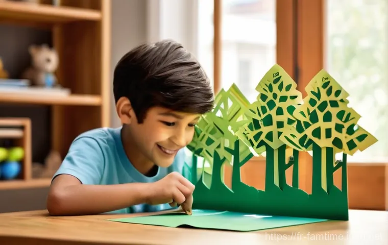 아이와 함께하는 페이퍼 크래프트 - **Prompt:** A mother and her son, approximately 5 years old, are joyfully collaborating on a paper c...