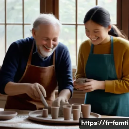 Home 7 부모님과 함께하는 도자기 체험 - **Prompt:** A cozy and brightly lit pottery studio scene, filled with natural light streaming throug...