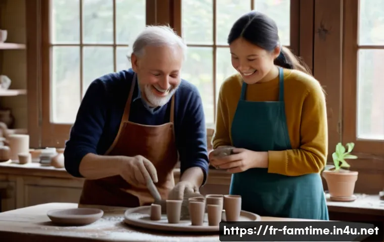 부모님과 함께하는 도자기 체험 - **Prompt:** A cozy and brightly lit pottery studio scene, filled with natural light streaming throug...