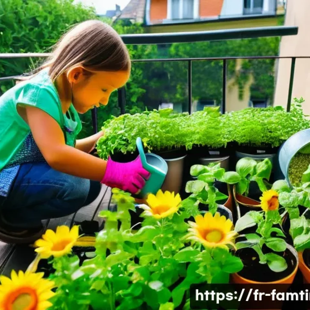 가족과 함께하는 홈 가드닝 - A bright, cozy family balcony garden in a French urban apartment, featuring children wearing colorfu...