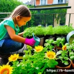 가족과 함께하는 홈 가드닝 - A bright, cozy family balcony garden in a French urban apartment, featuring children wearing colorfu...