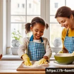 부모와 함께하는 베이킹 클래스 - A warm and cozy French family kitchen scene showing a parent and two children, all wearing colorful ...