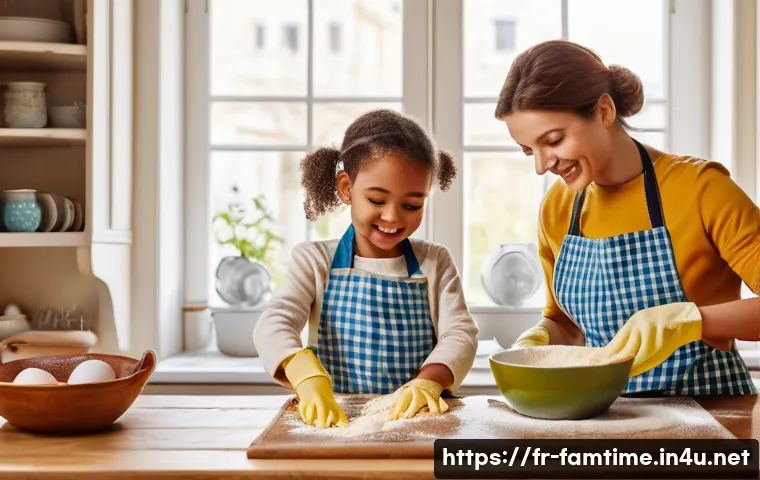 부모와 함께하는 베이킹 클래스 - A warm and cozy French family kitchen scene showing a parent and two children, all wearing colorful ...