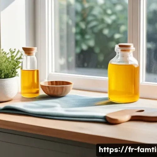부모님과 함께하는 DIY 천연 화장품 만들기 - A bright and cozy home workspace for natural cosmetics making, featuring a clean wooden table covere...
