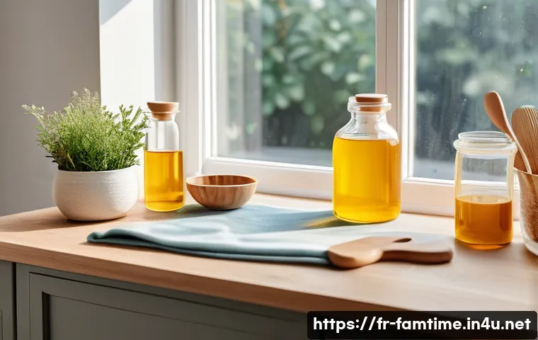 부모님과 함께하는 DIY 천연 화장품 만들기 - A bright and cozy home workspace for natural cosmetics making, featuring a clean wooden table covere...