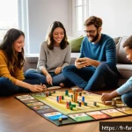가족이 함께 보는 애니메이션 추천 - A cozy family game night scene in a modern French living room, diverse family members of all ages ga...