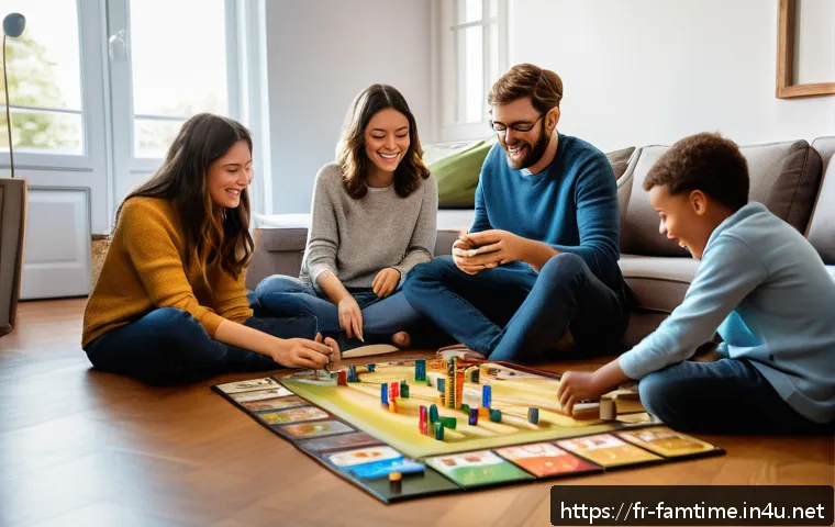 가족이 함께 보는 애니메이션 추천 - A cozy family game night scene in a modern French living room, diverse family members of all ages ga...