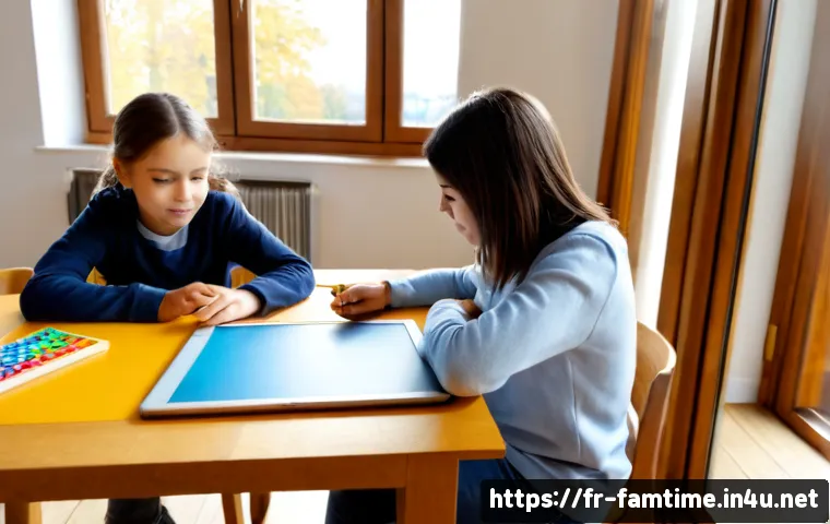 아이와 함께하는 AI 학습 체험 - Photorealistic warm family learning scene in a bright French apartment, a parent and school-age chil...