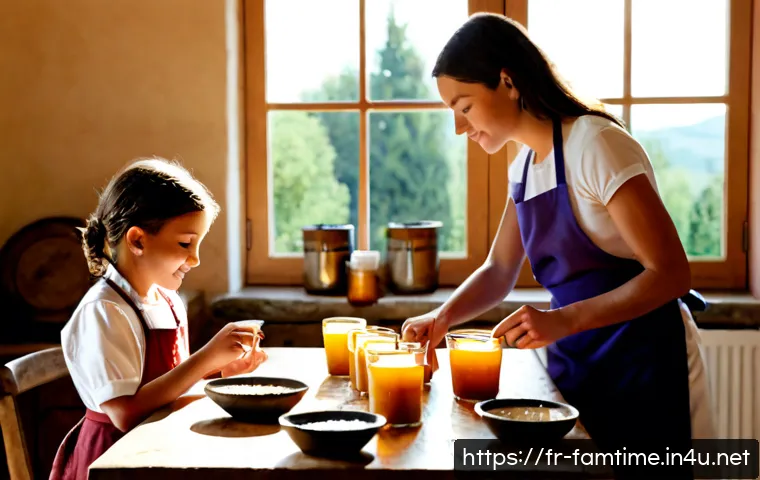 Home 17 가족과 함께하는 수제 향초 만들기 - Photorealistic French family candle-making workshop at a sunlit farmhouse kitchen table, two parents...